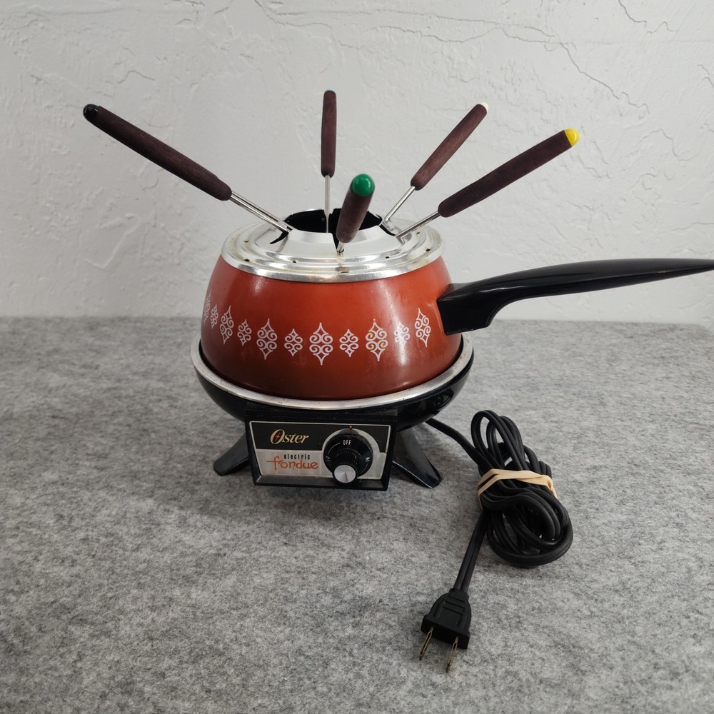 Oster Electric‎ Fondue Pot Set Vintage MCM Red Orange 70s Retro Kitchen 6 Forks